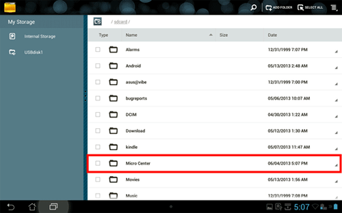 Android File Manager, Folders